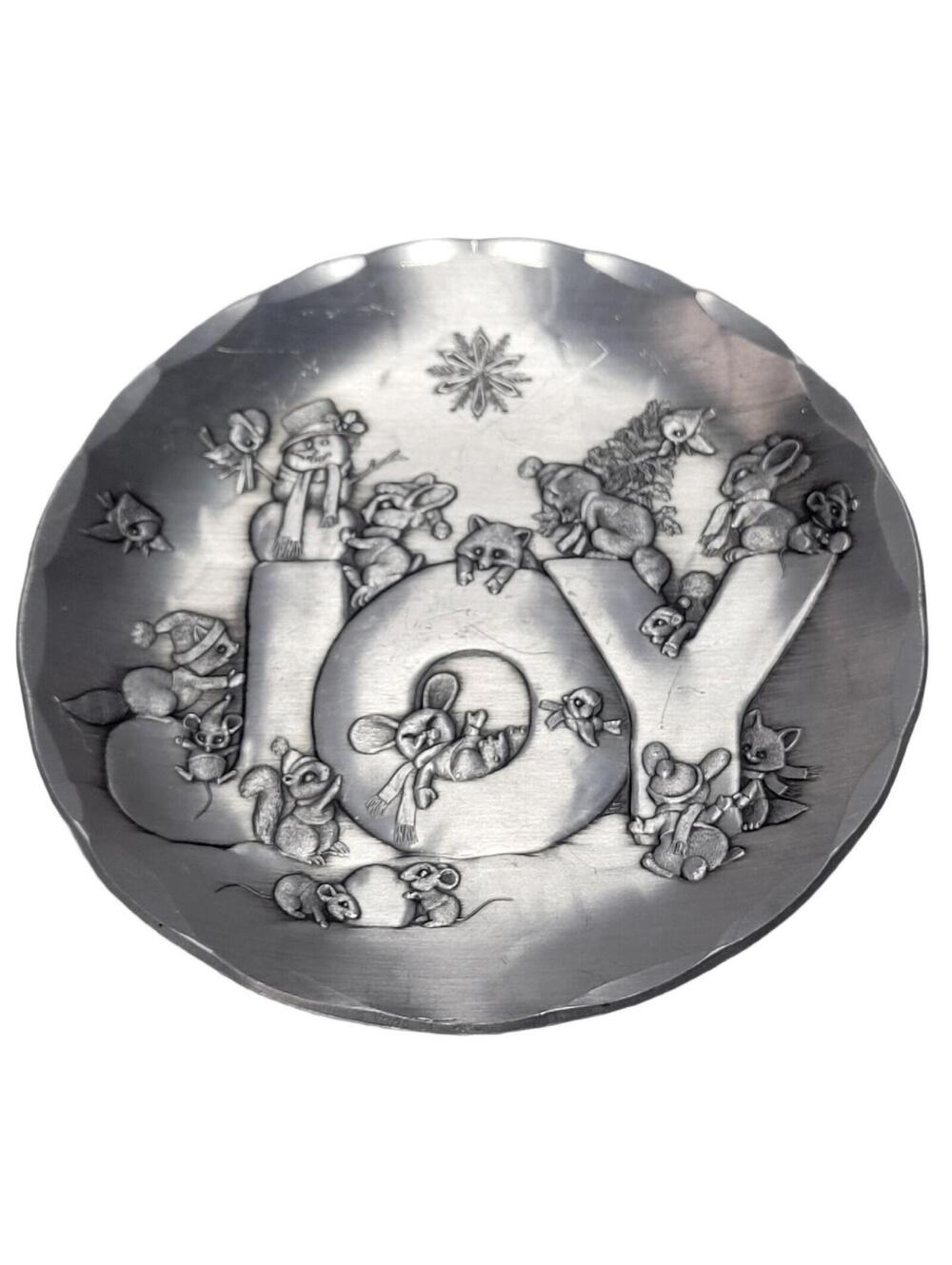 Vtg Wendell August Forge Hammered Aluminum Christmas Coaster "Joy" With Animals